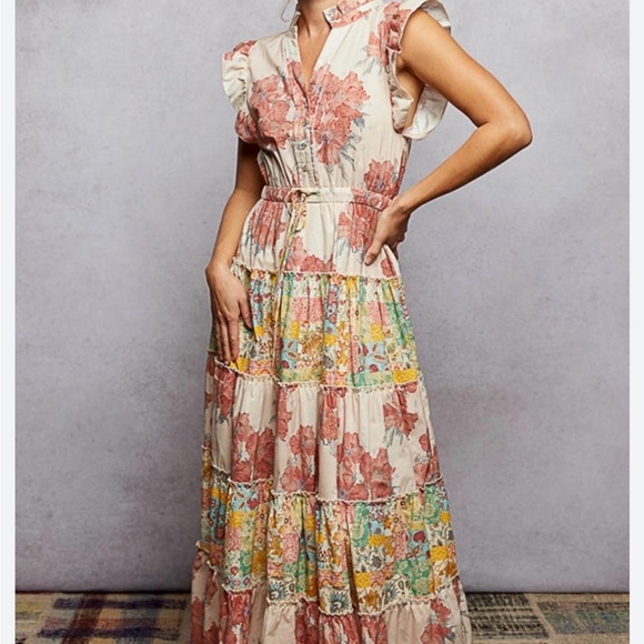 Pol Ruffle Tiered Floral Boho Maxi DRESS WOMEN’s size medium mix prints NEW - Picture 4 of 10